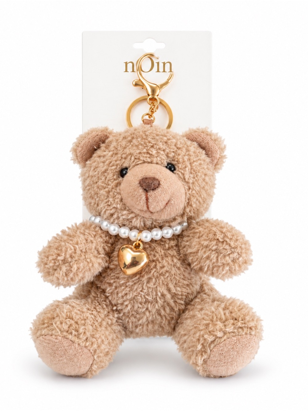 Beige Teddy Bear Keychain with Pearl Necklace & Gold Heart Charm